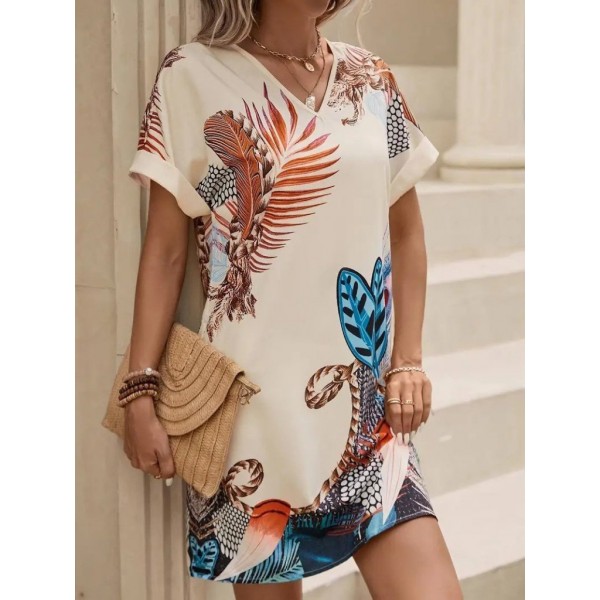 Kadın Kısa Kollu V Yakalı Desenli Mini Atlas Elbise