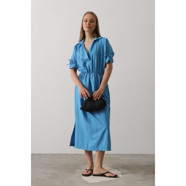 Beli Lastikli Elbise - Mavi