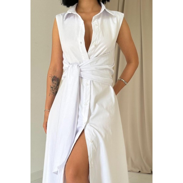 Beyaz Gömlek Yaka Bağlamalı Elbise