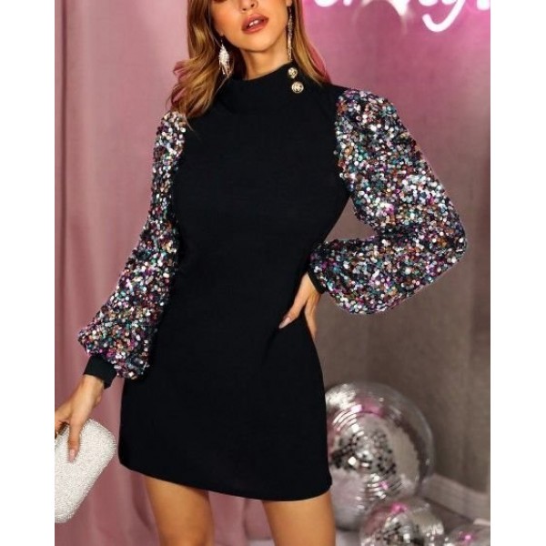 Kadın Uzun Kollu Balıkçı Yaka Düğme Detay Renkli Pul Payet Kol Scuba Krep Elbise