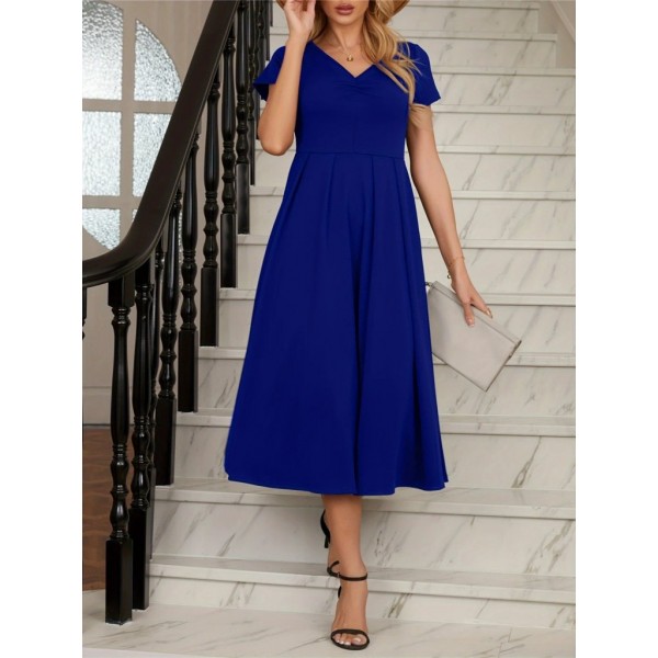 Kadın Kısa Kollu V Yakalı önden Pileli Midi Janjan Krep Elbise