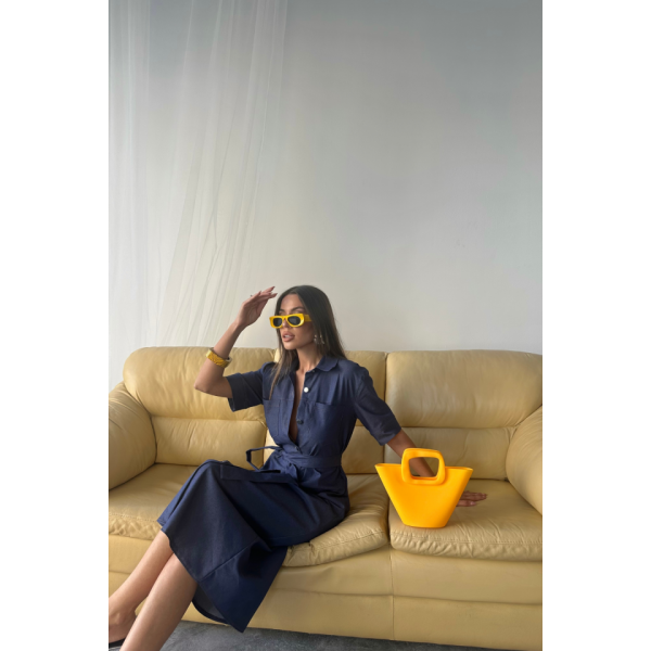 TENCEL ÖNDEN DÜĞMELİ KISA KOL ELBİSE - Mavi