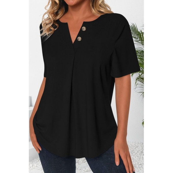 Kadın Kısa Kollu çentikli V Düğme Detaylı V Yaka önden Pileli Ithal Keten Bluz