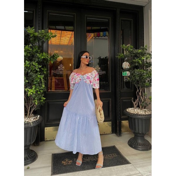 RENKLİ NAKIŞ DESENLİ ELBİSE - Mavi