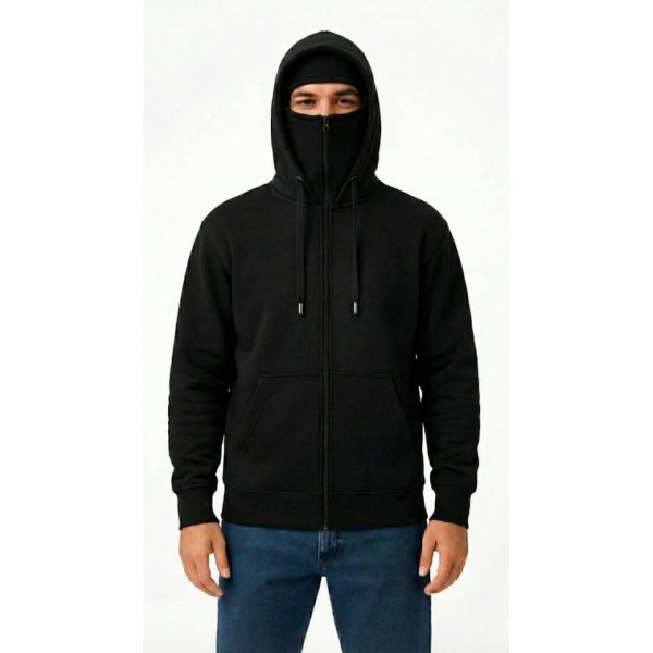 Samuray Ninja Çift Kapüşonlu ZIP Fermuarlı Kanguru Cepli Tam Fermuarlı Hoodie Sweatshirt - Siyah