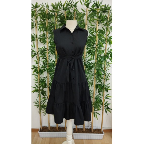 Kadın Kısa Kollu Gömlek Yaka Düğmeli Beli Kuşaklı Katlı Dokuma Midi Elbise