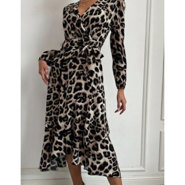 Kadın Uzun Kollu Kruvaze Yaka Yandan Bağlamalı önden Fırfır Detaylı Süprem Uzun Elbise