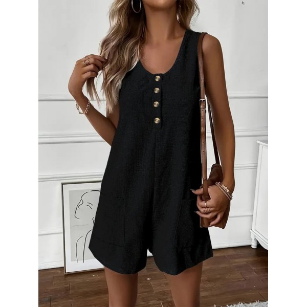 Kadın Askılı Yuvarlak Yaka Düğmeli Waffle Kısa Tulum