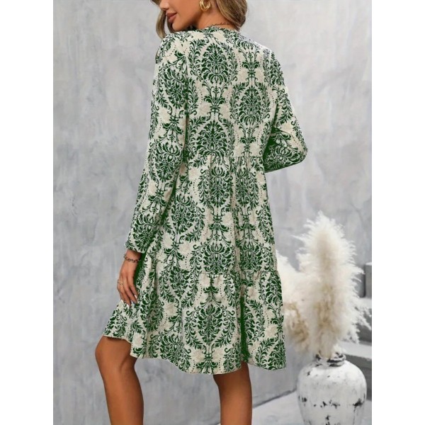 Kadın Uzun Kollu V Yakalı Fırfırlı Mini Süprem Elbise