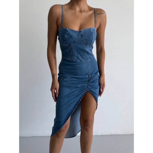 Kadın Omuz Askılı Derin Bacak Dekoltesi Ve Büzgü Detay Kot Elbise