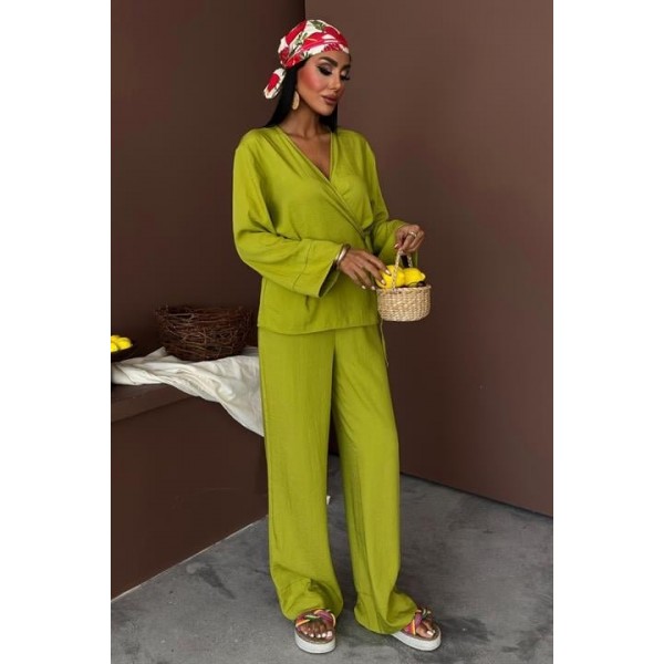 Kruvaze Model Klasik Pantolonlu Çupra Keten Takım 10191