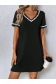 Kadın Kısa Kollu V çizgili Yakalı Kısa Viskon Elbise