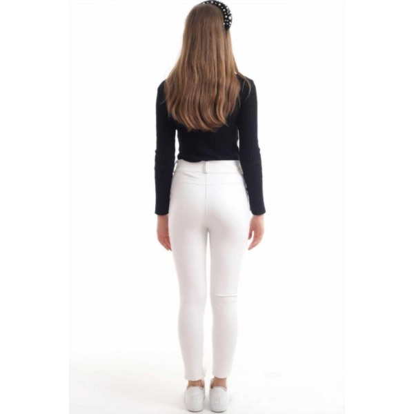 Beyaz Taş İşlemeli Deri Tayt