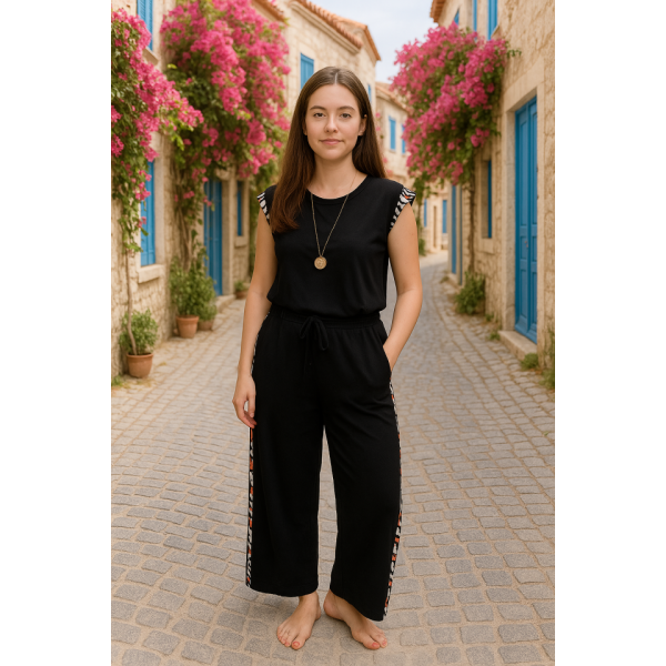 Kadın Yarasa Kol Dijital Baskı Detay Bluz Ve Yanı şerit Detay Kristal Kumaş Pantolon Ikili Takım