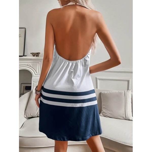 Kadın Askılı çıpa Baskılı Sırtı Açık Kısa Süprem Elbise