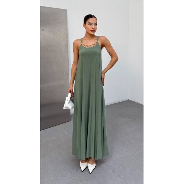 Kadın Omuz Askılı Kuş Gözü Zincir Detay Sandy Kumaş Maxi Boy Elbise