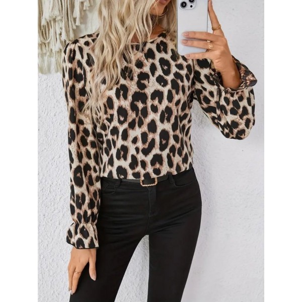Kadın Uzun Kollu Arkadan Fiyonk Detaylı Leopar Desenli Süprem Bluz
