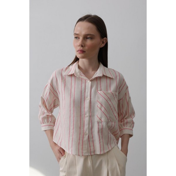 Çizgili Kısa Gömlek - Bej Pembe