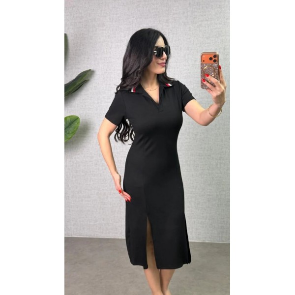 Kadın Polo Yaka çift Yırtmaç Detay Modal Kumaş Midi Boy Elbise