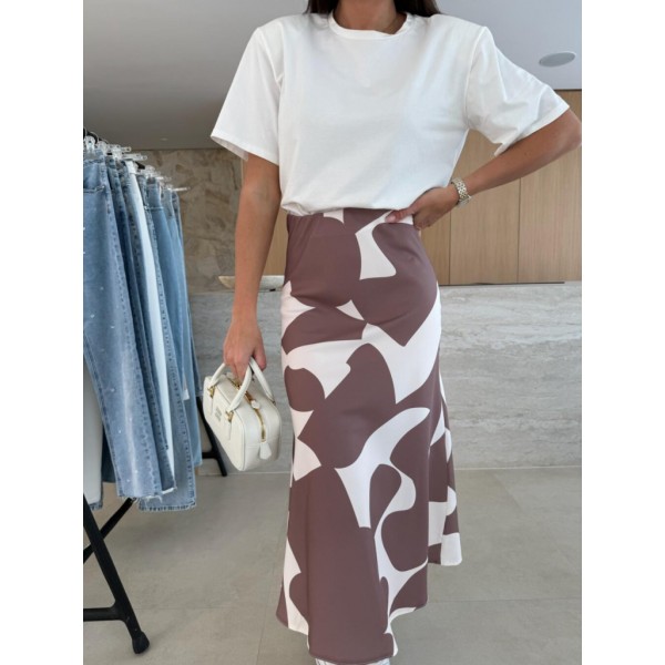 Kadın Kısa Kollu Bisiklet Yaka Viskon Bluz Ve Desenli Süprem Etek Ikili Takım