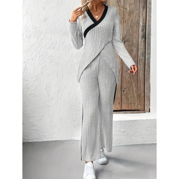 Kadın Uzun Kollu V Yakalı çapraz Detaylı şardonlu Kaşkorse Bluz Ve Pantolon Ikili Takım