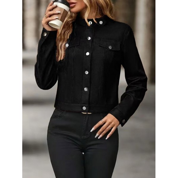 Kadın Uzun Kollu önden Düğmeli Kısa Süet Ceket