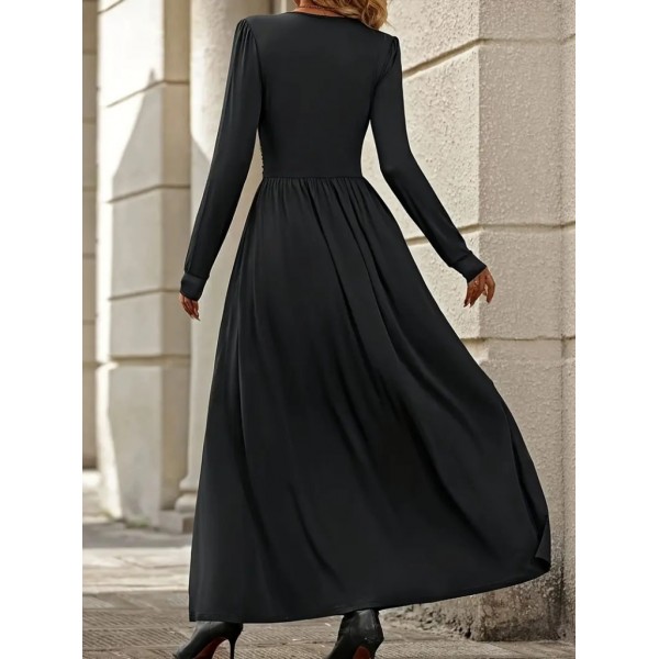 Kadın Uzun Kollu V Dantel Yakalı Yırtmaçlı Uzun Sandy Elbise