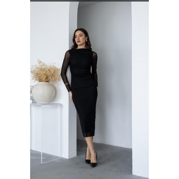 Kadın Uzun Kol Tül Drapeli Midi Boy Elbise