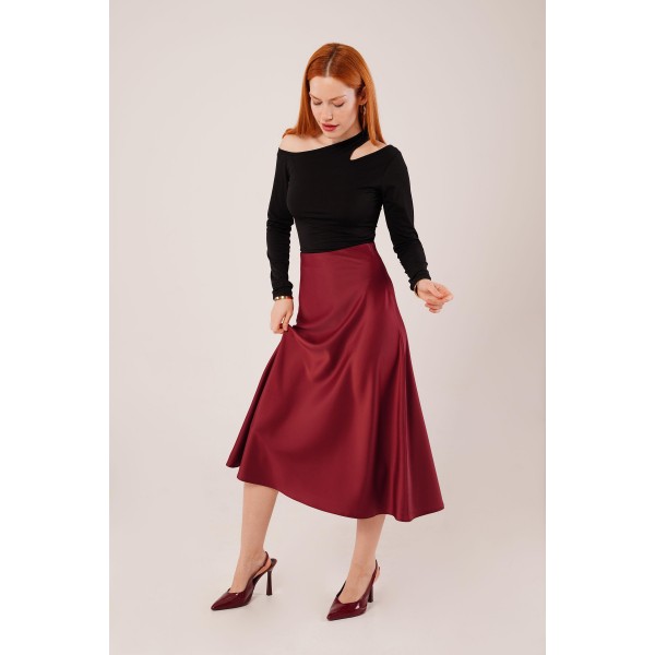 Çan Kesim Midi Bordo Saten Etek