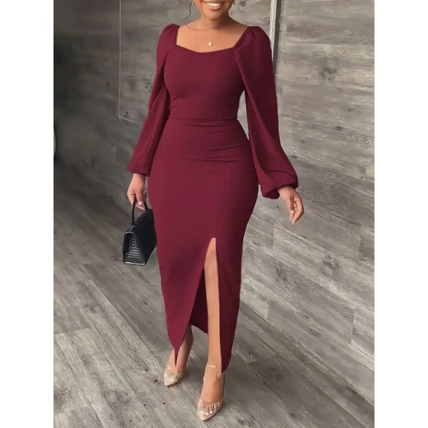 Kadın Uzun Kollu Geometrik Yakalı Yandan Yırtmaçlı Uzun Janjan Krep Elbise