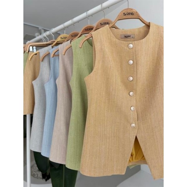 Uzun Yelek Mini Etek Flamlı Keten Takım 10148