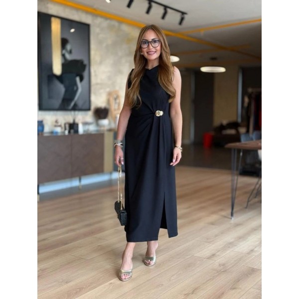 Kadın Sıfır Kollu Bisiklet Yaka Belden Büzgülü Yırtmaç Detaylı Janjan Krep Elbise