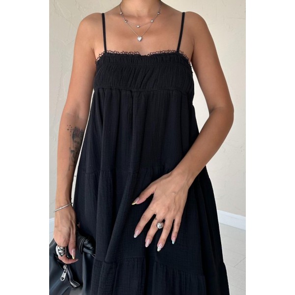 Siyah Askılı Parçalı Müslin Elbise