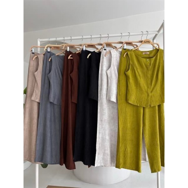 Sıfır Kollu Bluz Batik Desenli Pantolon İkili Takım 10181-08