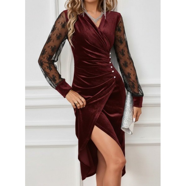 Kadın Uzun Kollu Kruvaze Yakalı Yandan Düğmeli önden çapraz Kesin Detaylı Midi Kadife Elbise