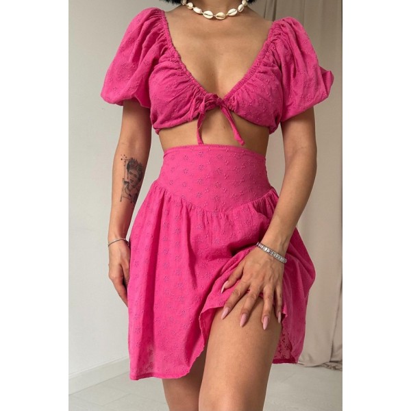 Fuşya Brode Crop Ve Mini Etek Takım