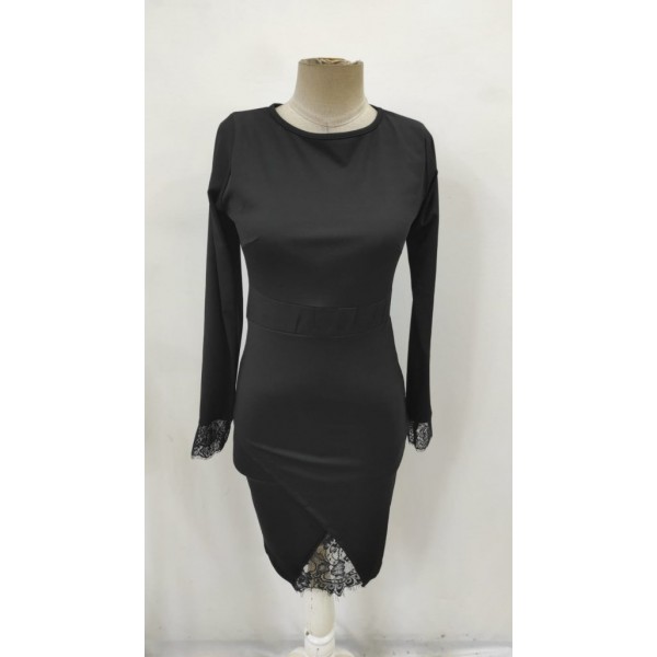 Kadın Uzun Kollu Bisiklet Yaka önden Dantel Ve Yırtmaç Detaylı Dalgıç Elbise