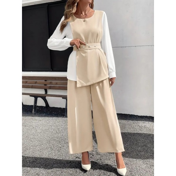 Kadın Uzun Kollu Açık Yakalı çift Renkli Kemerli Ithal Krep Ikili Takım