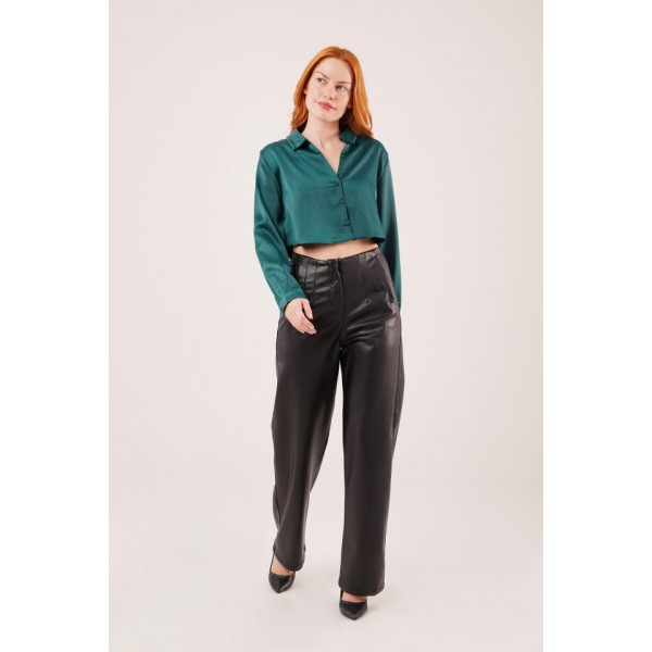 Saten Crop Model Yeşil Gömlek