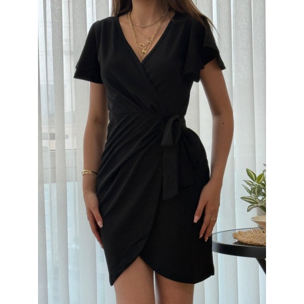 Kadın Kısa Kollu Kruvaze Yakalı Belden Bağlamalı Ithal Krep Elbise