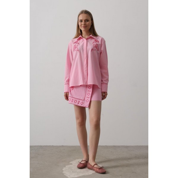 Nakış Detaylı Etekli Takım - Pembe