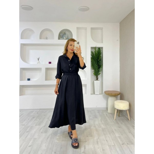 Kadın Keten Kumaş Gömlek Ve Etek Ikili Takim