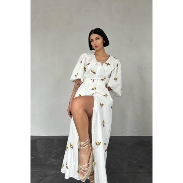 Kahverengi Yakası Çiçek Motifli Kemerli Elbise