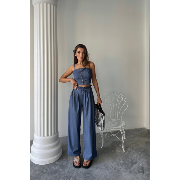 TENCEL CROP ASKILI BLUZ - ŞALVAR PANTOLON TK - İndigo
