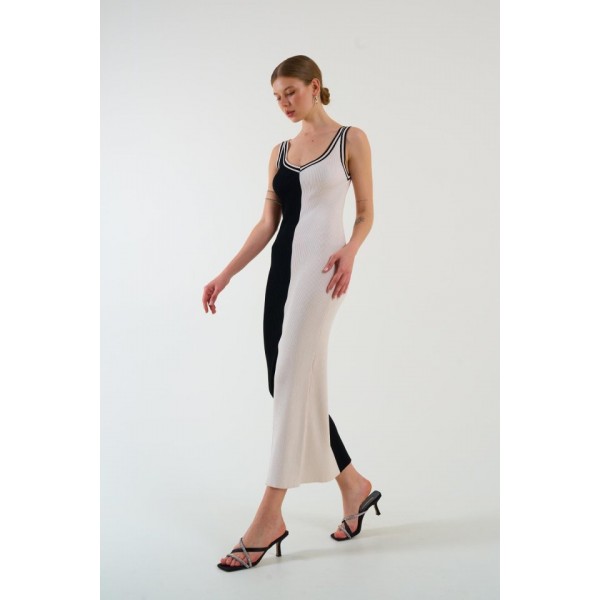 İki Renki Kolsuz Elbise - Siyah-Krem