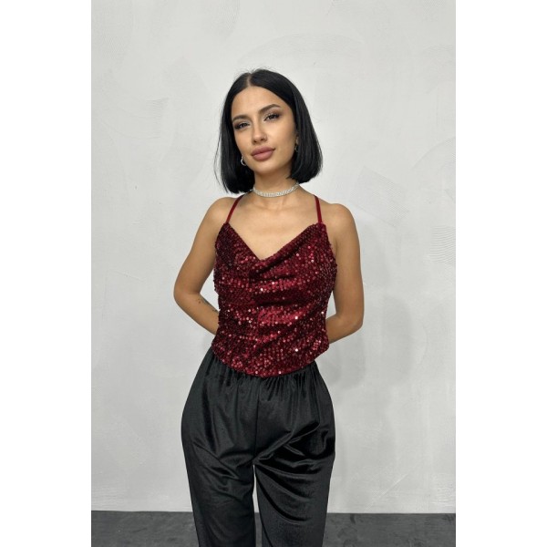 Bordo Askılı Degaje Bluz