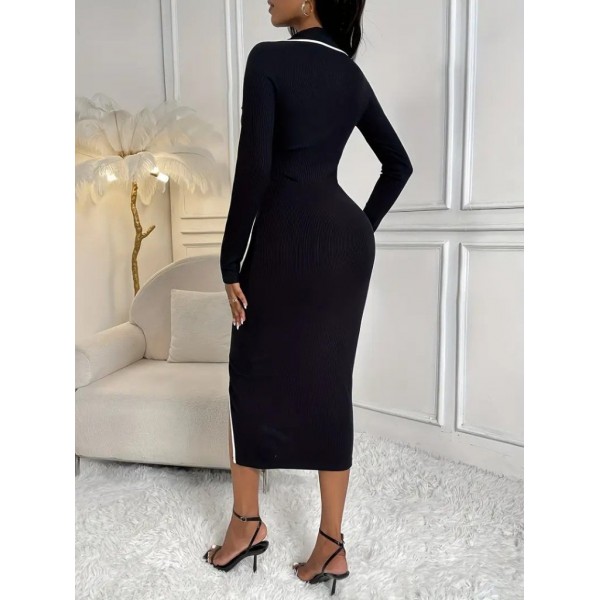 Kadın Uzun Kollu Yakalı Cepli Düğmeli Yırtmaç Detaylı Modal Uzun Elbise