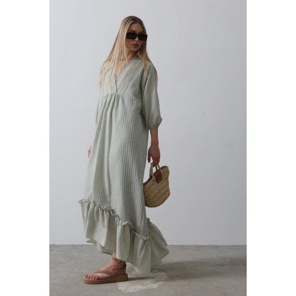 Çizgili Oversize V Yaka Elbise - Haki