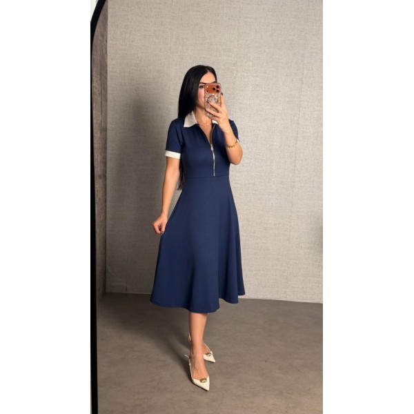 Kadın Kısa Kollu Ribana Ve Fermuar Detay Midi Boy Elbise