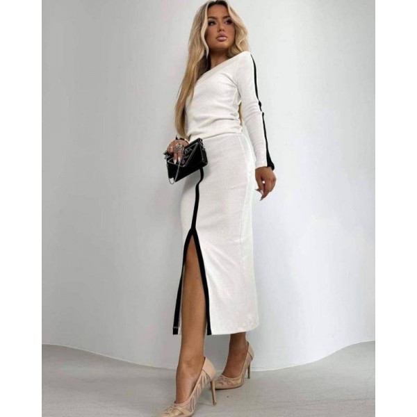 Kadın Uzun Kollu Bisiklet Yaka Kaşkorse Bluz Ve Yırtmaçlı Etek Ikili Takım